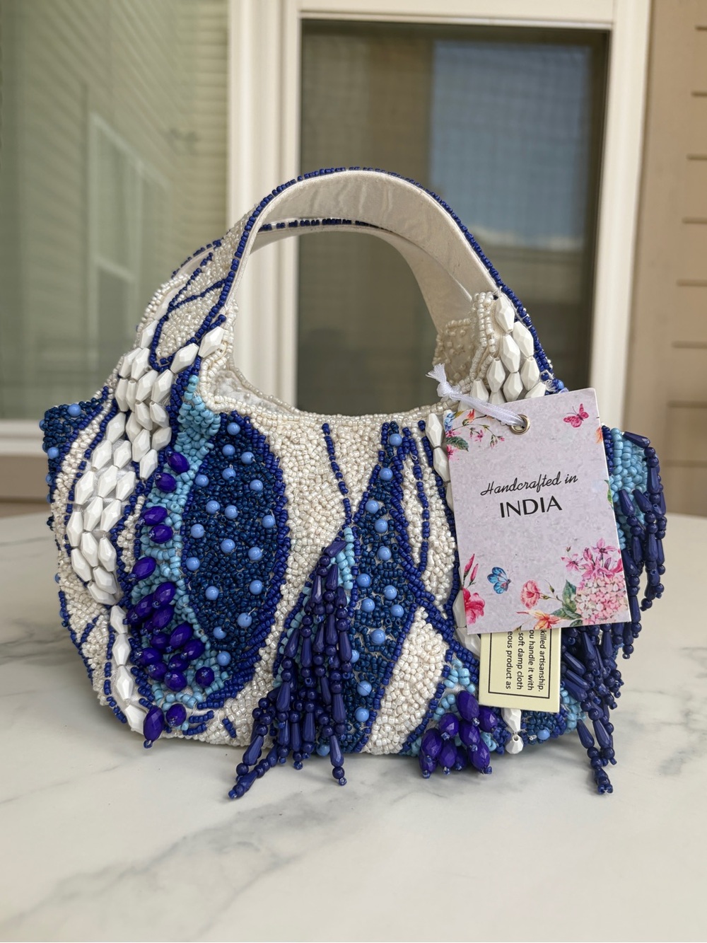 Blue & White Fringe Beaded Handbag - Viral, New